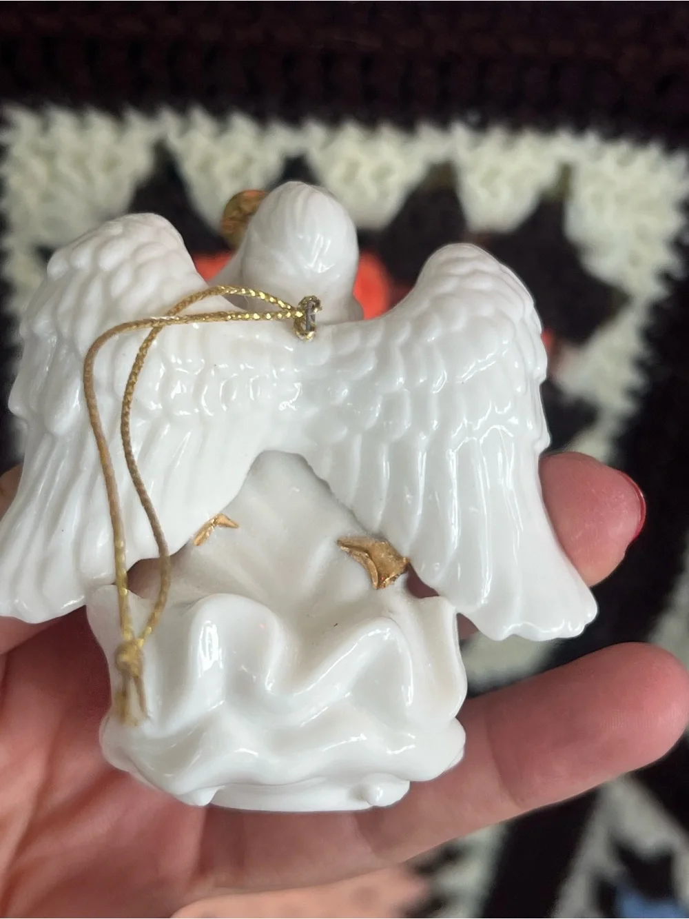 Vintage White Angel Bell Figurine Gold Trim Christmas Ornament Hanging Decor